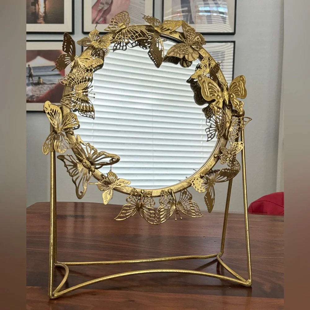Vintage Gold Metal Round 3D Butterfly Standing Mirror
